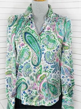 Zara Bright Paisley Button-Up Blouse with Long Sleeves Small